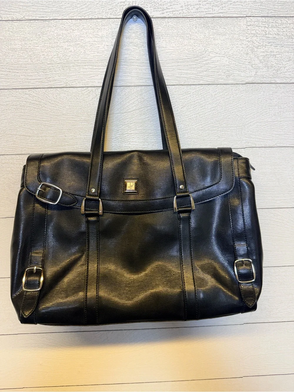Diane Von Furstenberg Black Textured Leather Tote with Silver Buckles